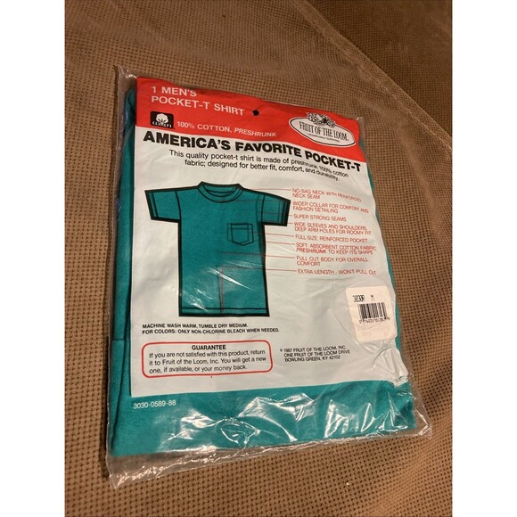 Vintage NEW old Stock 1987 Fruit of the Loom Men’s Pocket-T Shirt Green Medium - Picture 2 of 5